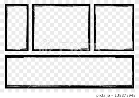 Grunge black geometric border frames set, textured vector rectangular outlines on transparent background 138875948