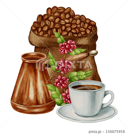 Hand-painted Watercolor illustration coffee cezve. Illustrations for coffee shops, cafes, packaging, menus, and product design. Hand-painted Watercolor illustration coffee cezve. Illustrations for coffee shops, cafes, packaging, menus, and product design. 138875958