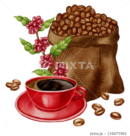 Watercolor illustration of a coffee cup with a sack of roasted coffee beans. Coffee beans. Illustrations for coffee shops, cafes, packaging, menus, and product design. Watercolor illustration of a coffee cup with a sack of roasted coffee beans. Coffee beans. Illustrations for coffee shops, cafes, packaging, menus, and product design. 138875962