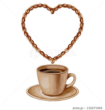 Watercolor illustration of a heart made of roasted coffee beans and a cup of black coffee. Love for coffee. Heart. Illustrations for coffee shops, cafes, packaging, menus, and product design. Watercolor illustration of a heart made of roasted coffee beans and a cup of black coffee. Love for coffee. Heart. Illustrations for coffee shops, cafes, packaging, menus, and product design. 138875966