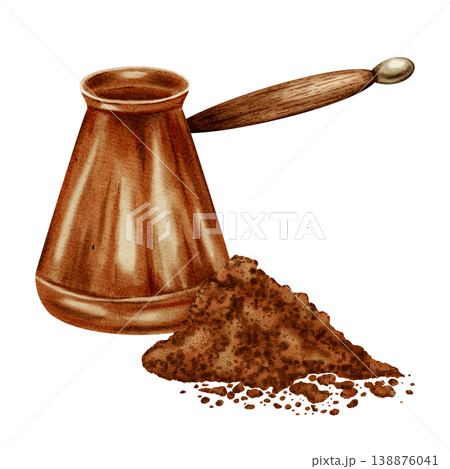 Hand-painted Watercolor illustration coffee set with cezve, cup and beans. Illustrations for coffee shops, cafes, packaging, menus, and product design. Hand-painted Watercolor illustration coffee set with cezve, cup and beans. Illustrations for coffee shops, cafes, packaging, menus, and product design. 138876041