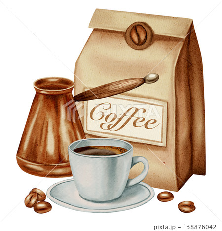 A hand-drawn watercolor illustration of a coffee set with a cezve, cup, and coffee beans, and artisan coffee packaging. Illustrations for coffee shops, cafes, packaging, menus, and product design 138876042