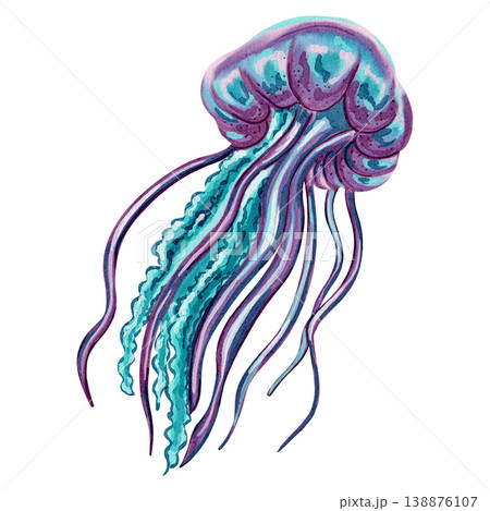 Watercolor illustration of a jellyfish. Cute marine creature. Bright illustrations, suitable for cheerful summer designs, textiles, summer and children's clothing. Print for babies. 138876107