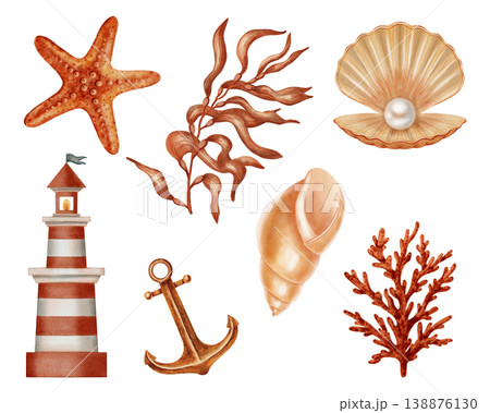 Watercolor illustration set marine life composition. Features a red lighthouse, starfish, pearl in a shell, coral, seaweed, shell, and anchor. Children's, nautical, travel themes. design, postcards Watercolor illustration set marine life composition. Features a red lighthouse, starfish, pearl in a shell, coral, seaweed, shell, and anchor. Children's, nautical, travel themes. design, postcards 138876130