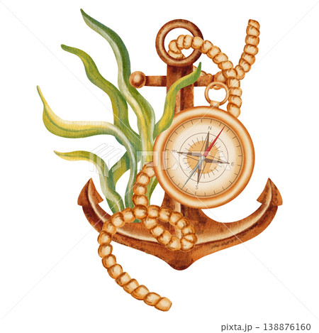 Nautical watercolor illustration featuring a rusty anchor, a vintage gold compass, a rope, and green seaweed. Children's, nautical, travel themes. Suitable for design, prints, postcards, sea travel Nautical watercolor illustration featuring a rusty anchor, a vintage gold compass, a rope, and green seaweed. Children's, nautical, travel themes. Suitable for design, prints, postcards, sea travel 138876160