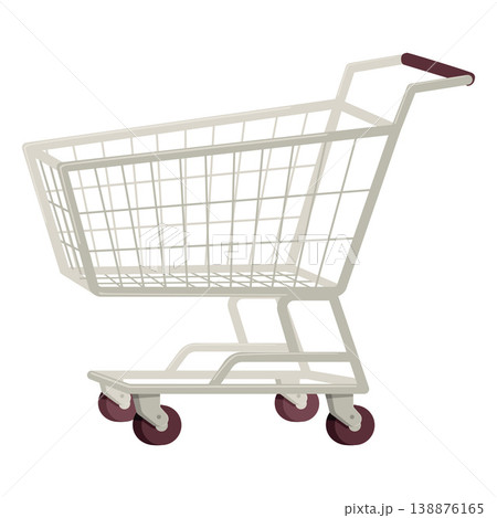 Shopping cart, trolley flat vector icon, cartoon empty metal basket container on wheels for purchases, grocery market Shopping cart, trolley flat vector icon, cartoon empty metal basket container on wheels for purchases, grocery market 138876165