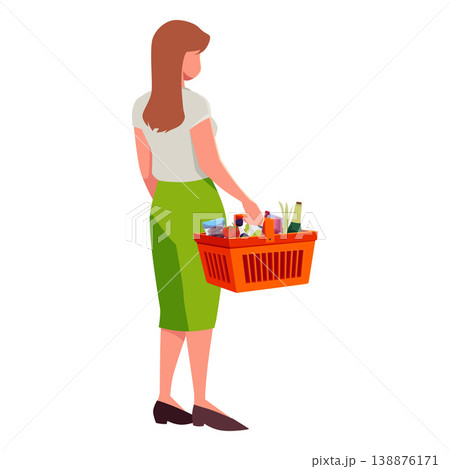 Woman holds orange shopping basket with food products, vector flat grocery market basket with purchases, back view Woman holds orange shopping basket with food products, vector flat grocery market basket with purchases, back view 138876171