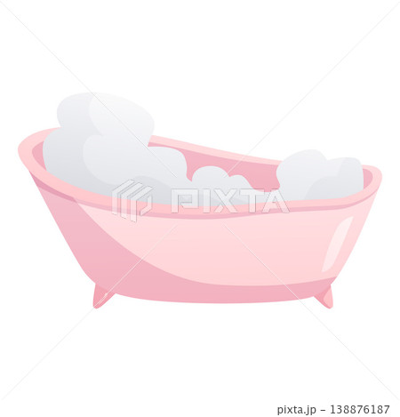 Baby pink bathtub with foam, newborn care stuff for taking hygienic procedures vector flat illustration isolated 138876187
