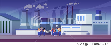 People crowd of workers hold placards and fight for rights at factory, protest strike action vector flat illustration 138876213