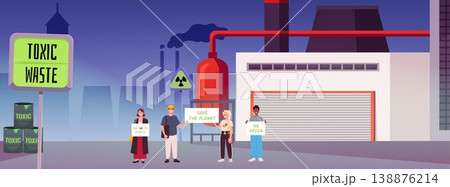 Protest strike against on toxic waste pollution, vector flat people with Go green placards stand at factory with pipes 138876214