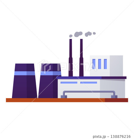 Factory buildings with smoke chimneys and cooling tower, industrial manufacturing plant complex vector flat construction 138876216
