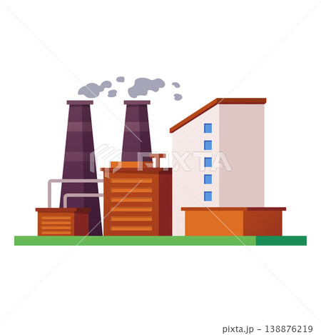 Factory buildings, industrial manufacturing complex architecture with smoke chimneys, plant vector flat illustration 138876219