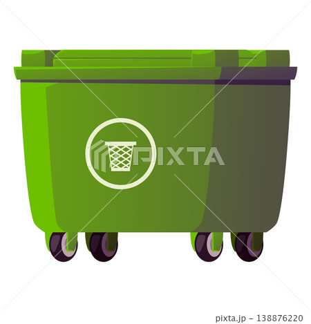 Trash can flat vector icon, cartoon garbage bin on wheels, outdoor green big container for waste, sorting and recycling Trash can flat vector icon, cartoon garbage bin on wheels, outdoor green big container for waste, sorting and recycling 138876220