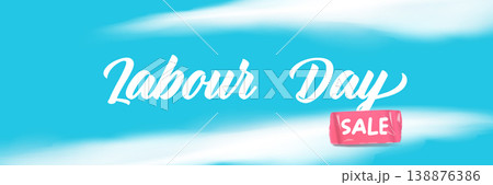 Labour Day Sale celebration banner. Blue sky background with soft white clouds and red sale discount tag. Modern horizontal header for International Workers Day sale retail marketing promotions. Labour Day Sale celebration banner. Blue sky background with soft white clouds and red sale discount tag. Modern horizontal header for International Workers Day sale retail marketing promotions. 138876386