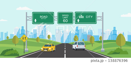 Urban city road with traffic signs and cars vector illustration, highway perspective leading into modern city skyline with buildings, transportation and traffic scene. 138876396