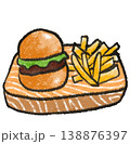 hamburger and fries on wood plate drawing illustration 138876397