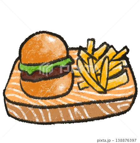 hamburger and fries on wood plate drawing illustration hamburger and fries on wood plate drawing illustration 138876397