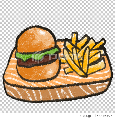 hamburger and fries on wood plate drawing illustration hamburger and fries on wood plate drawing illustration 138876397