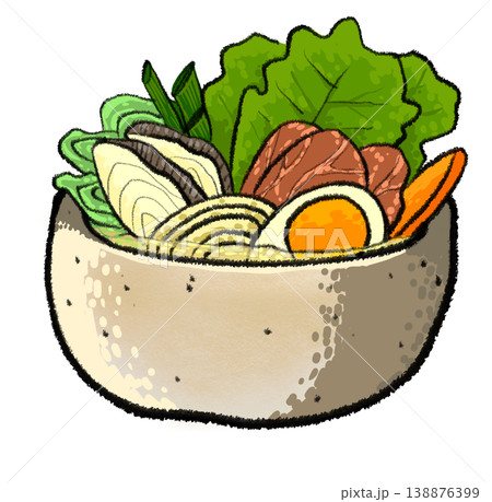 japanese hot pot clear soup beef egg fish vegetable bowl drawing illustration japanese hot pot clear soup beef egg fish vegetable bowl drawing illustration 138876399