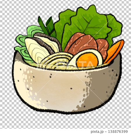 japanese hot pot clear soup beef egg fish vegetable bowl drawing illustration japanese hot pot clear soup beef egg fish vegetable bowl drawing illustration 138876399