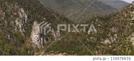 Panorama with Rock Sculpture of Decebalus above Danube River 138876638