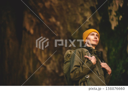 Lifestyle Portrait of Male Traveler in Rugged Rocky Setting Lifestyle Portrait of Male Traveler in Rugged Rocky Setting 138876660
