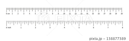Ruler scale, measuring chart with 8 inches and 20 centimeters. Length measurement distance, height, math. Template of sewing tool. Measuring chart with 8 inch and 20 cm. 138877389