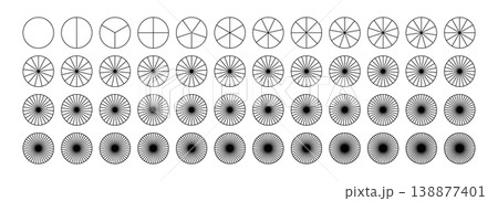 Pie or pizza chart template. Coaching blank. Parts of diagram wheel from 1 to 48. Segmented charts. Sectors divide the circle on equal parts. Outline black graphics. Pie charts, pizza charts collectio Pie or pizza chart template. Coaching blank. Parts of diagram wheel from 1 to 48. Segmented charts. Sectors divide the circle on equal parts. Outline black graphics. Pie charts, pizza charts collectio 138877401