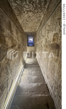 Beautiful wall paintings and bas-reliefs inside the ancient temple complex of Dendera, Qena, Egypt 138877706