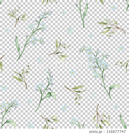 Watercolor seamless pattern with illustration green leaves and light blue forget-me-nots. Wildflowers herbs flowers. Wedding invites, fashion, prints, backgrounds. Mono floral pattern 138877747