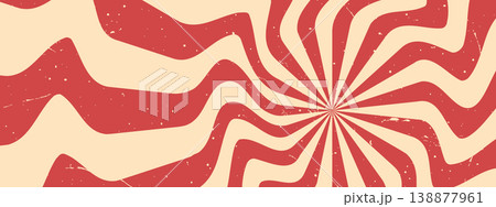 Swirl groovy Starburst. Abstract sunburst with grunge radial burst. Retro trippy background with curly waves. Summer Vector illustration 138877961