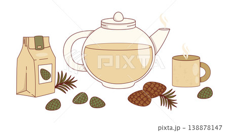 Pine Cone Apothecary Tea. Glass Teapot and Ceramic Cup With Young Green, Brown Cones And Kraft Paper Bag. Forest Phytotherapy And Healthy Winter Stock. Isolated Eco Elements. Vector Illustration. 138878147