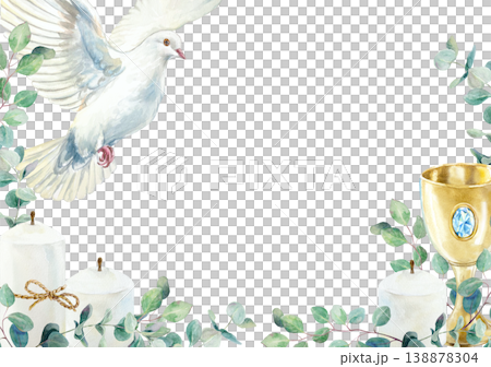 Frame with candles, green eucalyptus leaves and a white flying dove. Hand drawn watercolor illustration, isolated. Religious clip art for card and invitation for First Communion, Baptism and Easter. Frame with candles, green eucalyptus leaves and a white flying dove. Hand drawn watercolor illustration, isolated. Religious clip art for card and invitation for First Communion, Baptism and Easter. 138878304