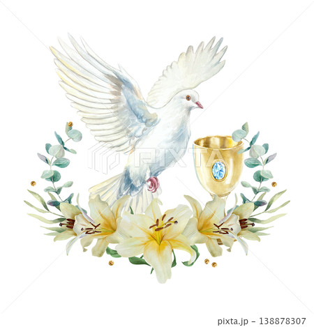 Flying white dove, lilies and a golden chalice. Symbol of purity and faith. Hand drawn watercolor illustration, isolated. For designing cards and invitations for First Communion, Baptism and Easter. Flying white dove, lilies and a golden chalice. Symbol of purity and faith. Hand drawn watercolor illustration, isolated. For designing cards and invitations for First Communion, Baptism and Easter. 138878307