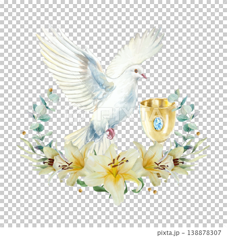 Flying white dove, lilies and a golden chalice. Symbol of purity and faith. Hand drawn watercolor illustration, isolated. For designing cards and invitations for First Communion, Baptism and Easter. Flying white dove, lilies and a golden chalice. Symbol of purity and faith. Hand drawn watercolor illustration, isolated. For designing cards and invitations for First Communion, Baptism and Easter. 138878307