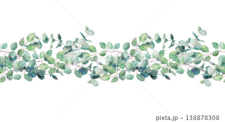 Green eucalyptus branches, seamless border. Hand drawn watercolor illustration of lush greenery, isolated. Perfect for Easter, First Communion and Baptism cards and invitations. Green eucalyptus branches, seamless border. Hand drawn watercolor illustration of lush greenery, isolated. Perfect for Easter, First Communion and Baptism cards and invitations. 138878308