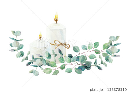 Burning candles and green eucalyptus branches. Hand drawn watercolor illustration, isolated. Religious clip art for First Communion, Baptism, Easter and wedding invitations. 138878310