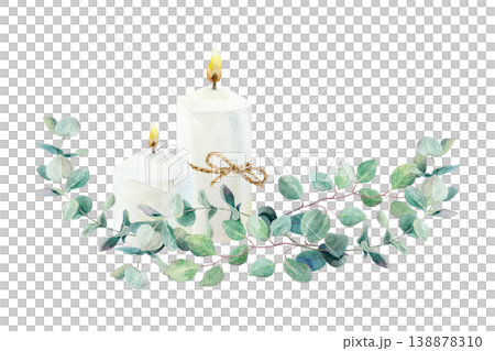 Burning candles and green eucalyptus branches. Hand drawn watercolor illustration, isolated. Religious clip art for First Communion, Baptism, Easter and wedding invitations. 138878310