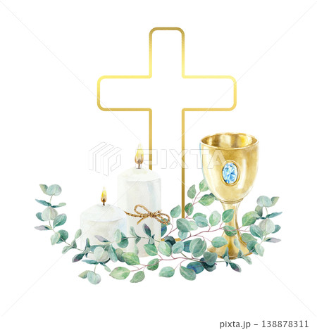 Burning candles, a cross, a golden chalice and green eucalyptus branches. Hand drawn watercolor religious illustration isolated, for card and invitation for First Communion and Baptism ceremonies. Burning candles, a cross, a golden chalice and green eucalyptus branches. Hand drawn watercolor religious illustration isolated, for card and invitation for First Communion and Baptism ceremonies. 138878311