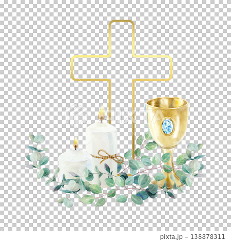 Burning candles, a cross, a golden chalice and green eucalyptus branches. Hand drawn watercolor religious illustration isolated, for card and invitation for First Communion and Baptism ceremonies. Burning candles, a cross, a golden chalice and green eucalyptus branches. Hand drawn watercolor religious illustration isolated, for card and invitation for First Communion and Baptism ceremonies. 138878311