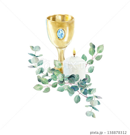 Green eucalyptus branches, a golden chalice and a burning candle. Hand drawn watercolor religious illustration, isolated. For designing cards and invitations for First Communion, Baptism and Easter. 138878312