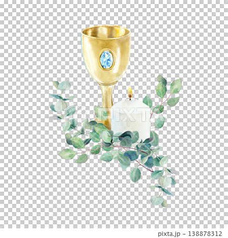 Green eucalyptus branches, a golden chalice and a burning candle. Hand drawn watercolor religious illustration, isolated. For designing cards and invitations for First Communion, Baptism and Easter. 138878312