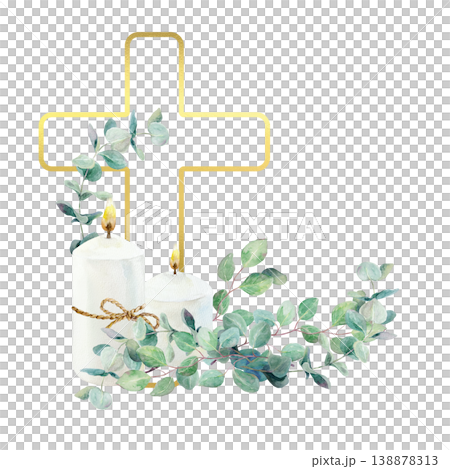 Burning candles, a golden cross and green eucalyptus branches. Hand drawn watercolor religious illustration isolated for card and invitation design for First Communion, Baptism and Easter ceremonies. 138878313