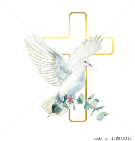 White dove flying with a eucalyptus branch and a golden cross. Hand drawn watercolor religious illustration, isolated. For designing cards and invitations for First Communion, Baptism and Easter. 138878319