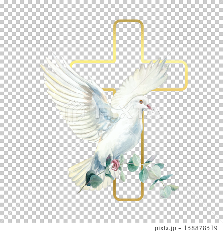 White dove flying with a eucalyptus branch and a golden cross. Hand drawn watercolor religious illustration, isolated. For designing cards and invitations for First Communion, Baptism and Easter. 138878319
