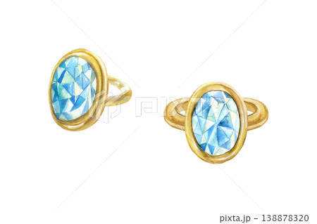 Gold ring with a blue stone. Front and side views. Hand drawn watercolor illustration, isolated. Suitable for jewelry store postcards and labels, sale banners and wedding designs. 138878320