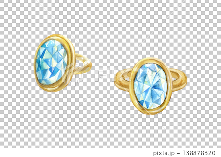 Gold ring with a blue stone. Front and side views. Hand drawn watercolor illustration, isolated. Suitable for jewelry store postcards and labels, sale banners and wedding designs. 138878320