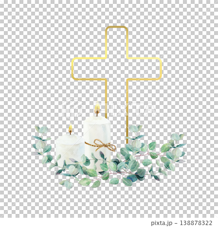 Burning candles, a golden cross and eucalyptus branches. Hand drawn watercolor religious illustration isolated for card and invitation design for First Communion, Baptism and Easter ceremonies. Burning candles, a golden cross and eucalyptus branches. Hand drawn watercolor religious illustration isolated for card and invitation design for First Communion, Baptism and Easter ceremonies. 138878322