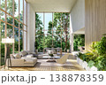 Modern contemporary living room with double-height ceiling and large windows overlooking a green forest 3d render 138878359