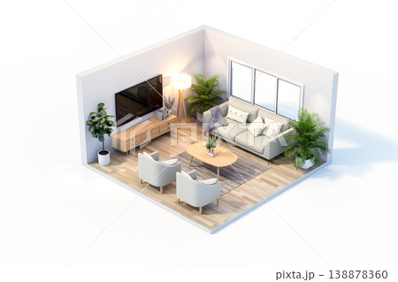 Modern isometric living room interior with a cross-section view.3d render. 138878360
